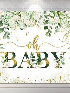 Oh Baby Party Backdrop - Green & Gold Floral